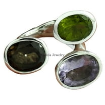 Genuine Smoky Quartz, Peridot & Amethyst Stackable Ring, 925 Sterling Silver, Multiple Stone Wedding Ring, Antique Design Jewelry For Women, Mothers Day Gifts, February August Birthstone Size 7