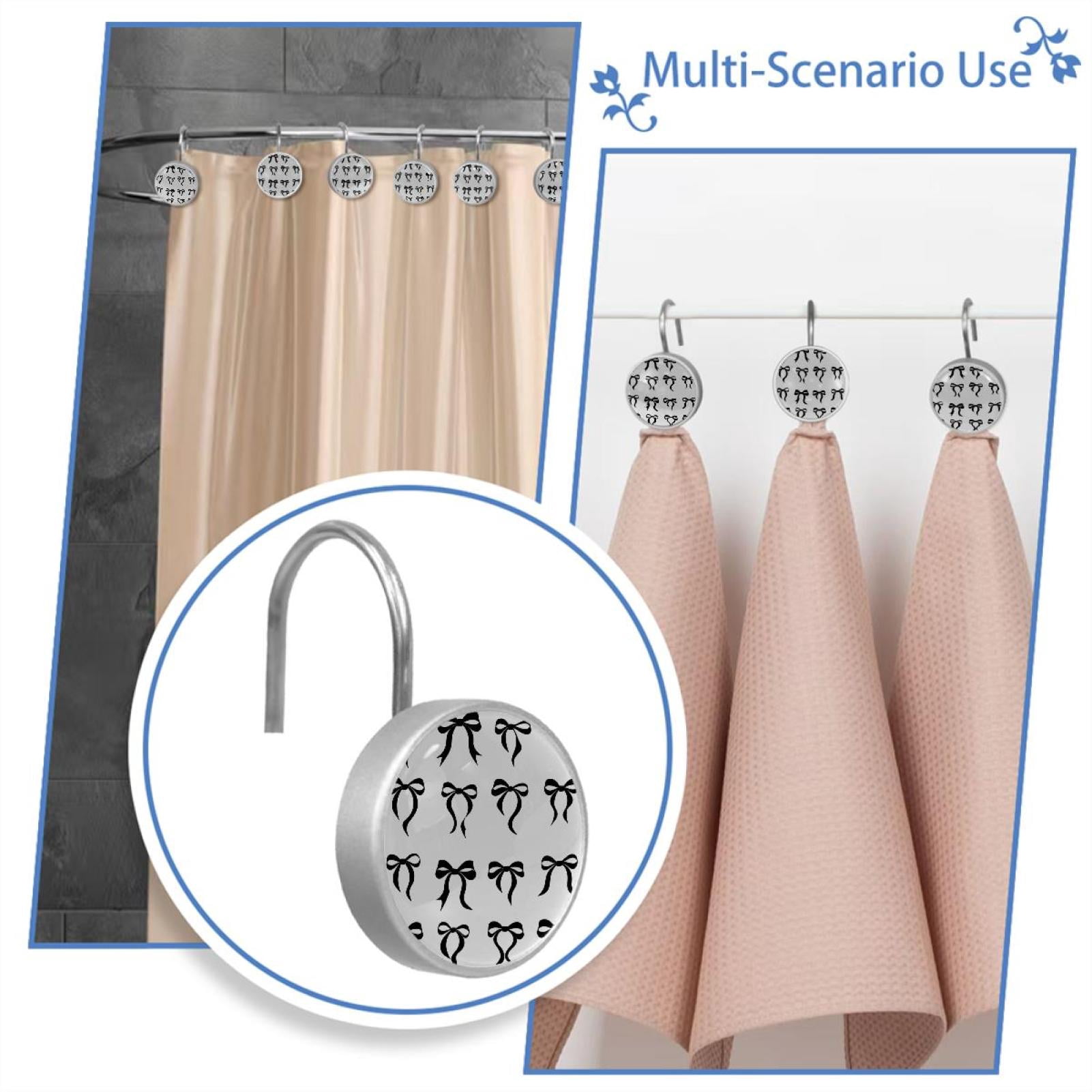 HemaKayy 12 Pcs Shower Curtain Hooks Bathroom Decorative Accessories Black Satin Bow Tie