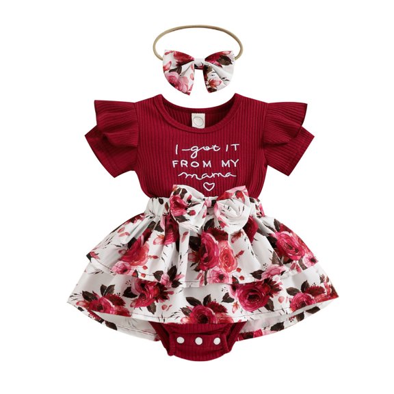 Pejock Newborn Toddler Infant Baby Girls Clothes Romper Skirt Sets Fashion Cute Flowers Print Ruffles Short Sleeve Romper Short Skirt Bow Suit, 12-18Months