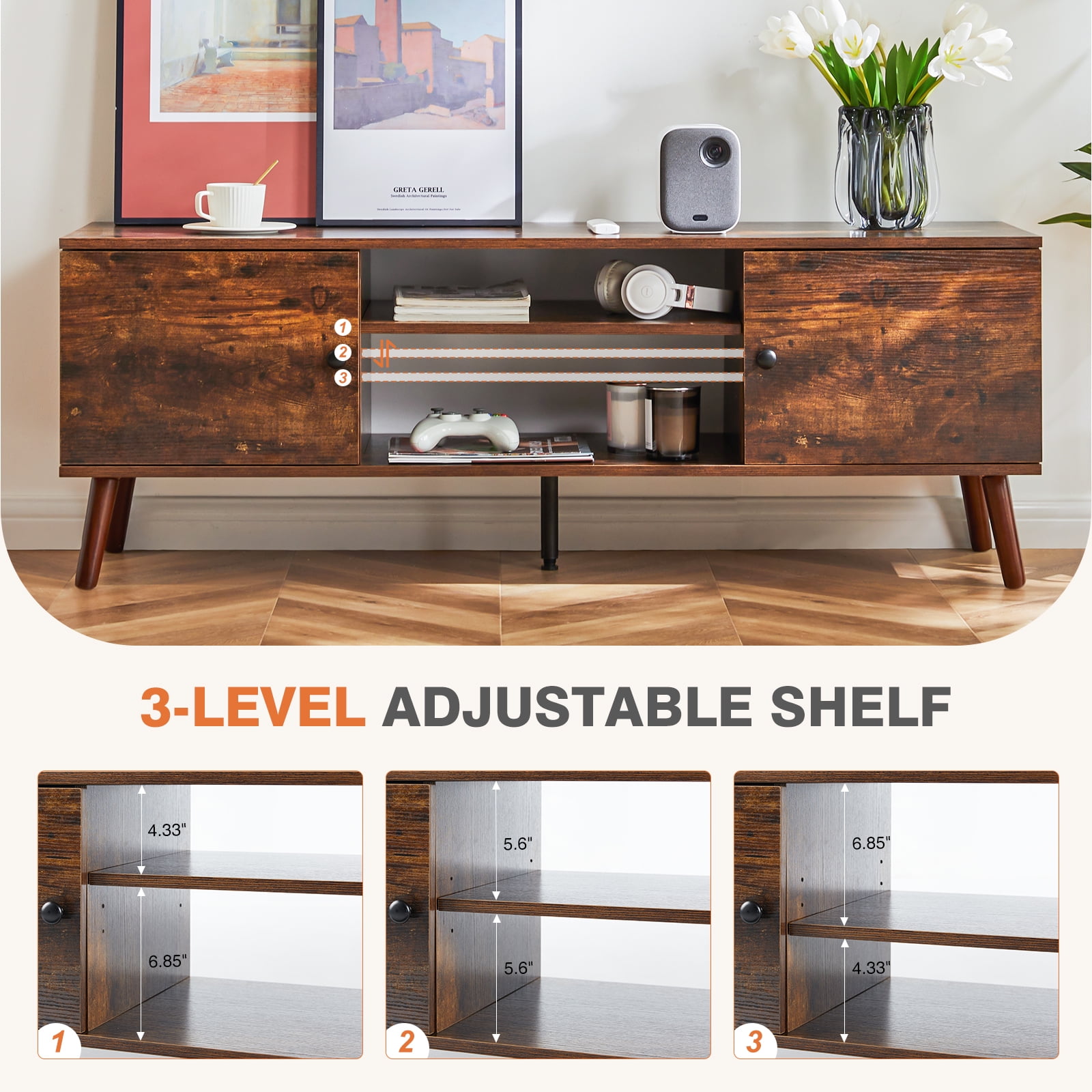 GIANNA TV Stand for TVs up to 60", Modern Mid Century Entertainment Center with Storage, 2 Cabinet Media Console Table, Vintage Brown