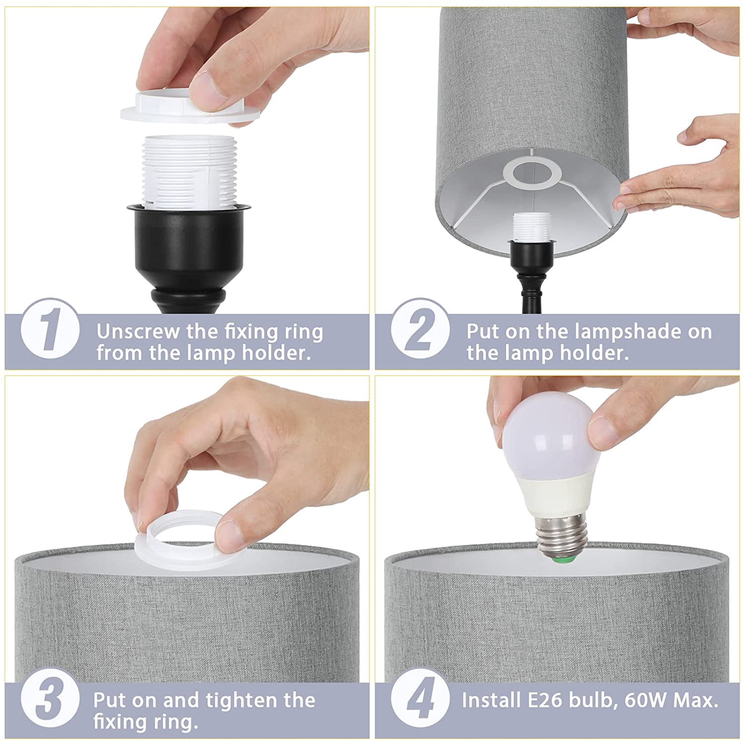 Touch Bedside Lamps with Dual USB Ports, Grey Fabric and Black Vase Base Lamps - Without Bulb