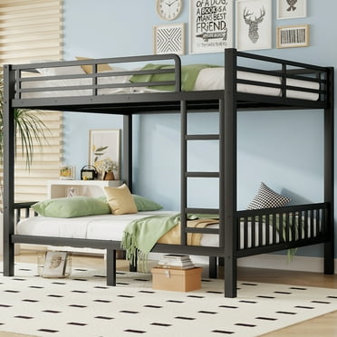 Queen Over Queen Bunk Bed,Heavy Duty Metal Bed Frame with Ladder and Slats Support for Adults Teens,