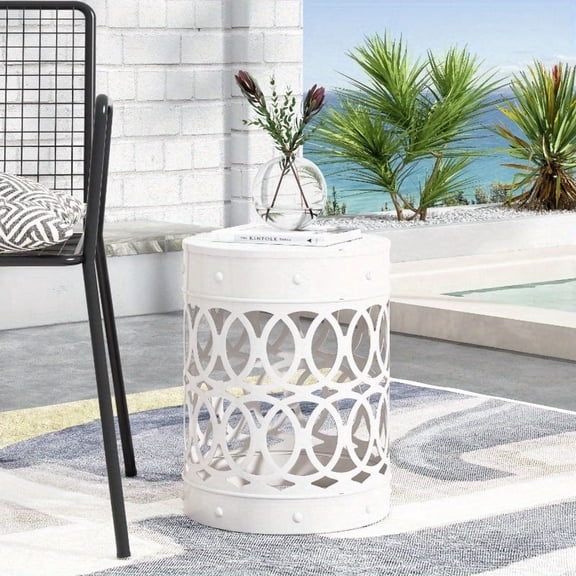 Zateety Outdoor End Table White Powder Coated Iron, Cylindrical Cutout Circle Metal Side Table for Patio Garden Balcony No Assembly