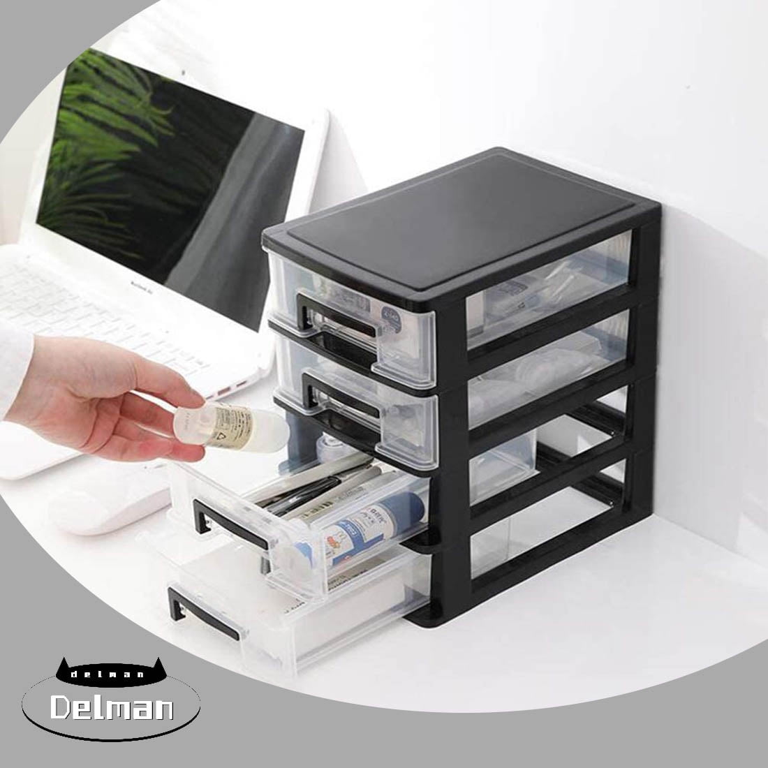 Rubbermaid Mini 4-Drawer Tower, Plastic, 7 1/8w x 8 3/8d x 9 3/4h,  Black/Clear