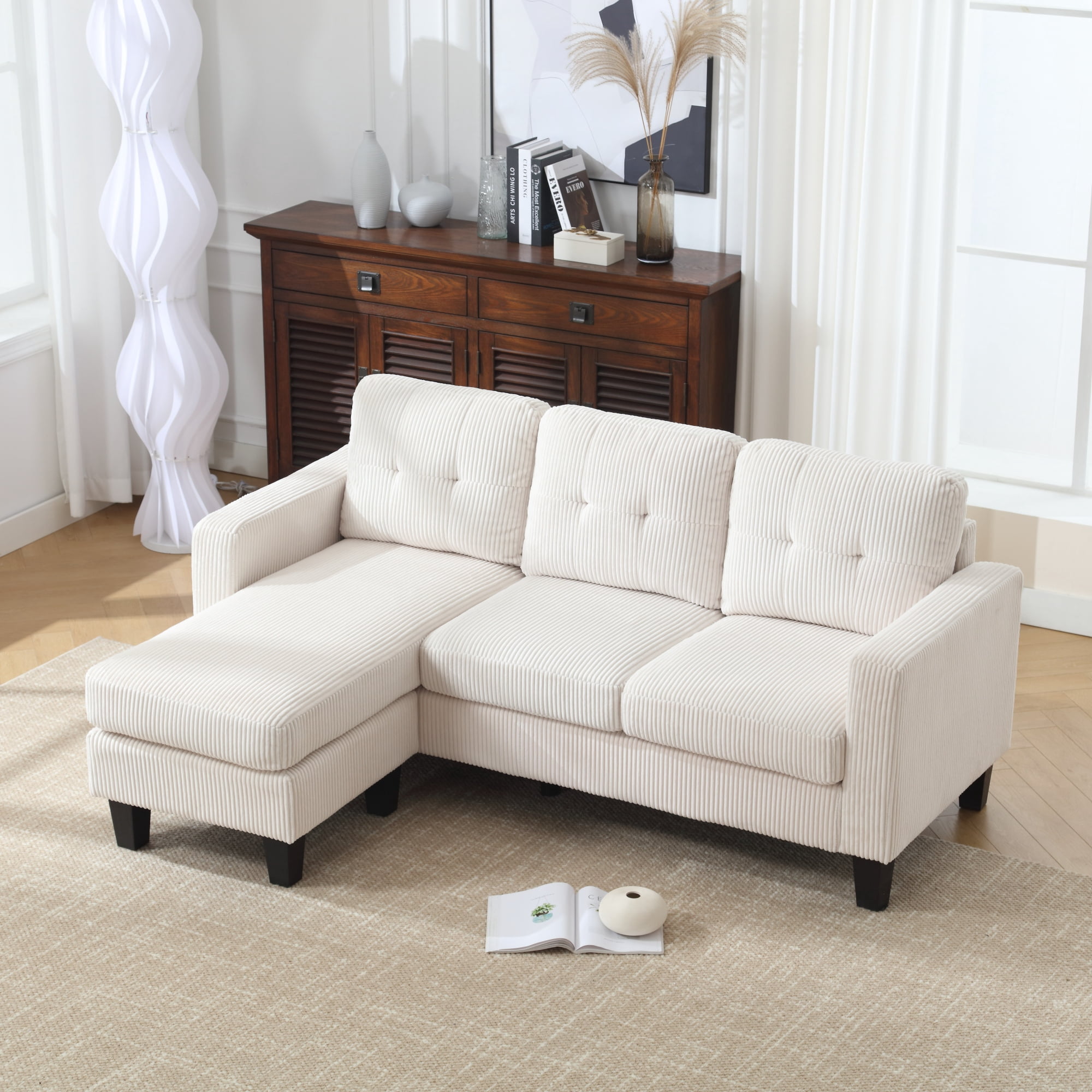 Convertible Sectional Sofa with Movable Ottoman,L Shaped Couch Sofa with Reversible Chaise,Modern Velvet 3 Seater Sofa Sectional Couch for Living Room,Beige