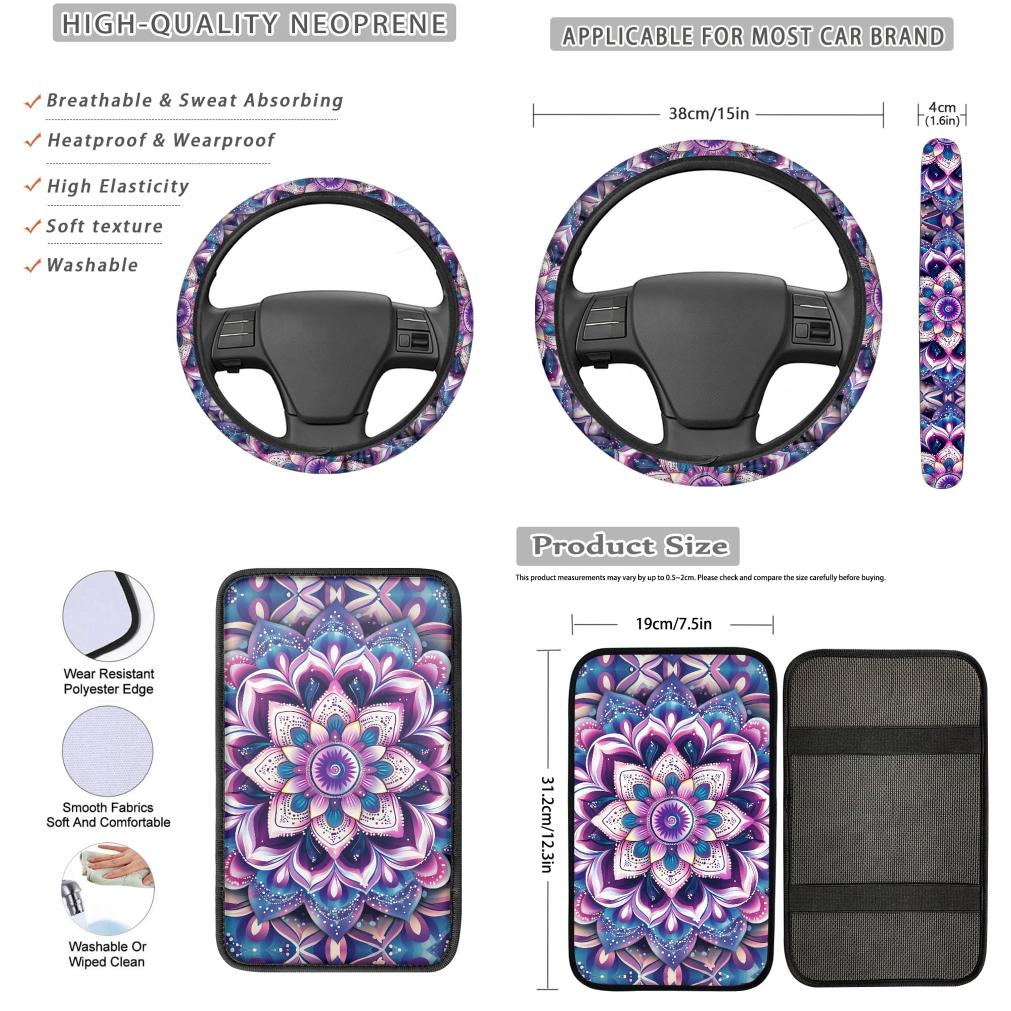 Jeiento Boho Mandala Flower Car Seat Accessories Set 13 Pcs, Car Seat Covers Full Set, Universal Steering Wheel Covers, Console Cover, Seat Belt Shoulder Pads, Cup Coasters, Purple Auto Decor