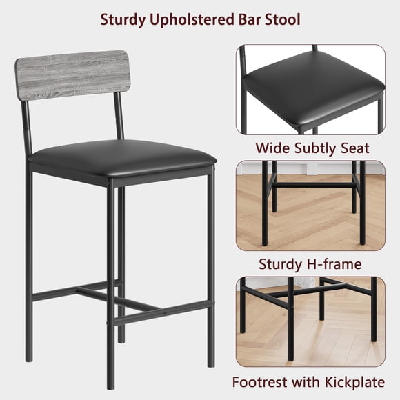 Kojooin Ensemble de Table de Bar 3 Pcs avec 2 Tabourets de Comptoir Rembourrés Étagères de Rangement 3 Niveaux Acier, Capacité 300LB Compact pour Appartements, Petites Cuisines, Coins Petit-Déjeuner, Gain de Place