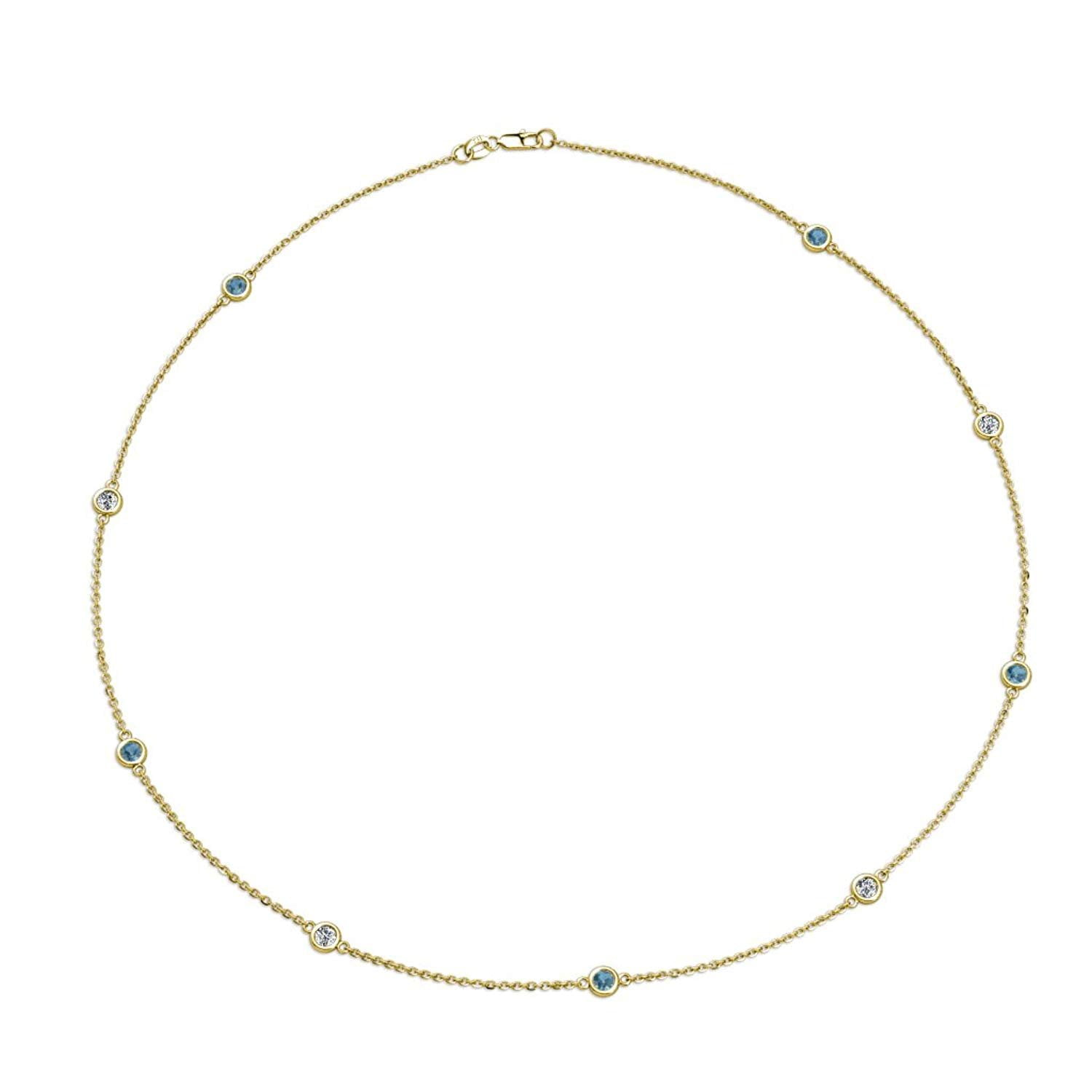 Blue Topaz and Diamond (SI2-I1, G-H) 9 Station Necklace 0.68 cttw in 14K Yellow Gold by TriJewels