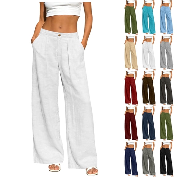 Ninixx Womens Straight Leg Pants Solid Color Drawstring Waist Lightweight Linen Blend Casual Work Trousers