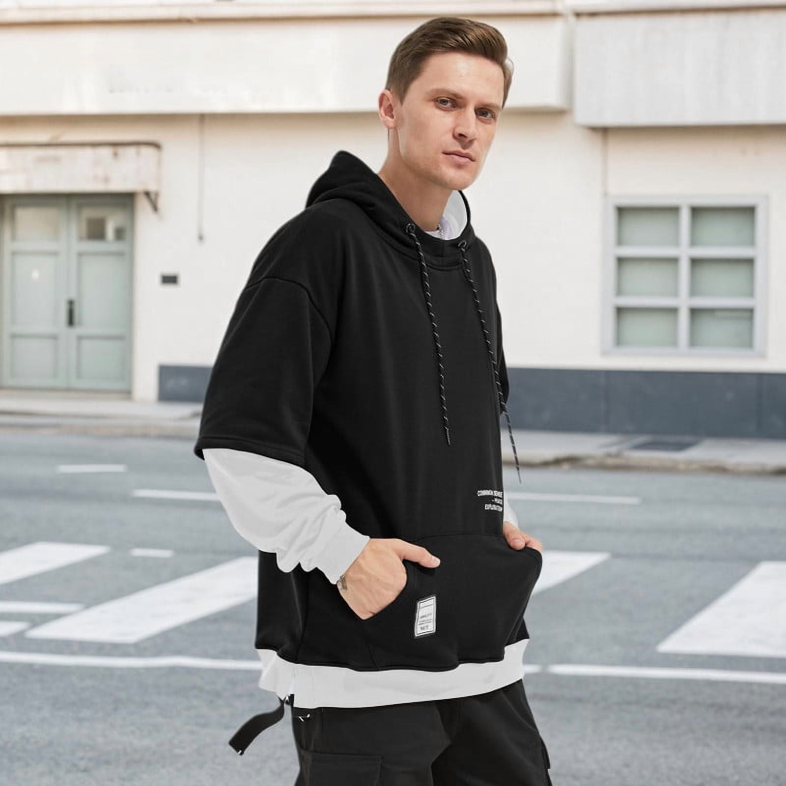 HISITOSA Mens Colorblock Hoodie Casual Patchwork Soft Cotton Pullover Tops Unisex japanese Hooded Sweatshirt with Design