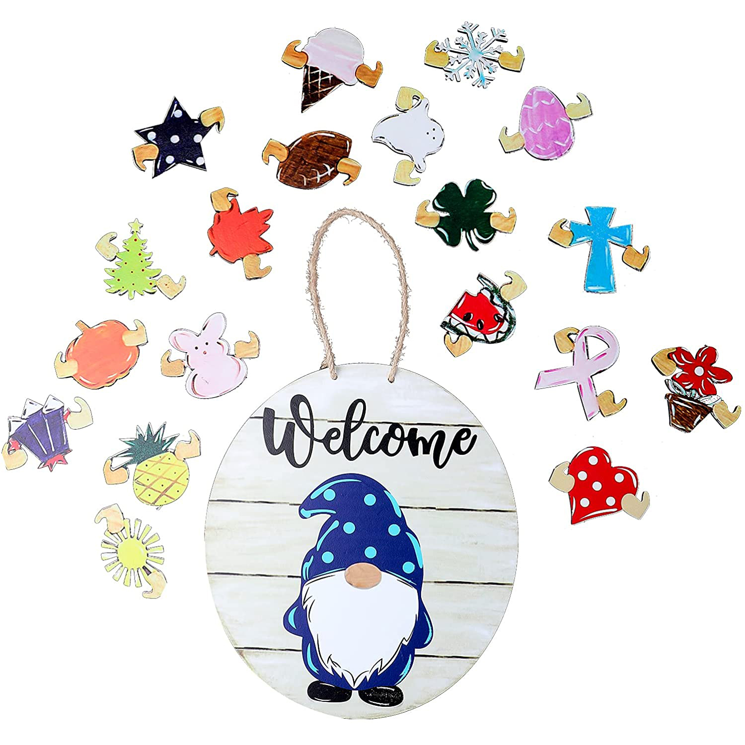 Multi-1 Bestomrogh DIY Door Hanger Round Wooden Gnome Faceless Seasonal Welcome Sign Decor with Interchangeable Holiday Pieces for Front Door Home Decoration Housewarming Gifts