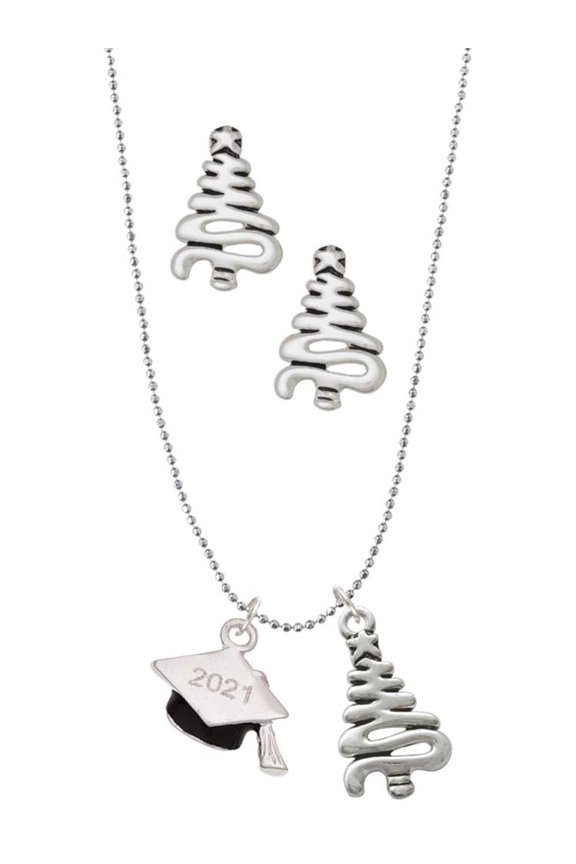 Silvertone 3-D Graduation Hat with 2021 Silver tone Zig Zag Christmas Tree Charm Necklace and Stud Earrings