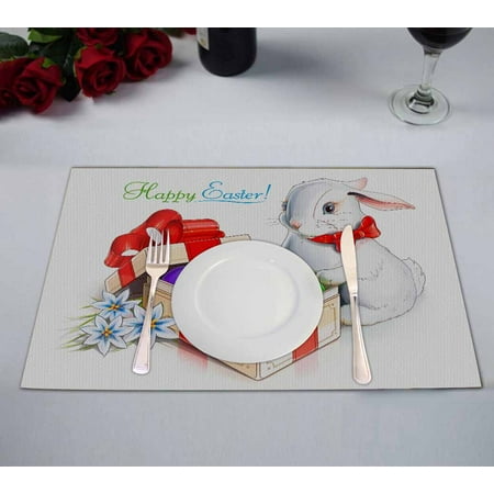 

PKQWTM Easter Rabbit Bunny And Box With Eggs Kitchen Dining Table Mats Placemats Size 12x18 Inches Set of 2 Pieces