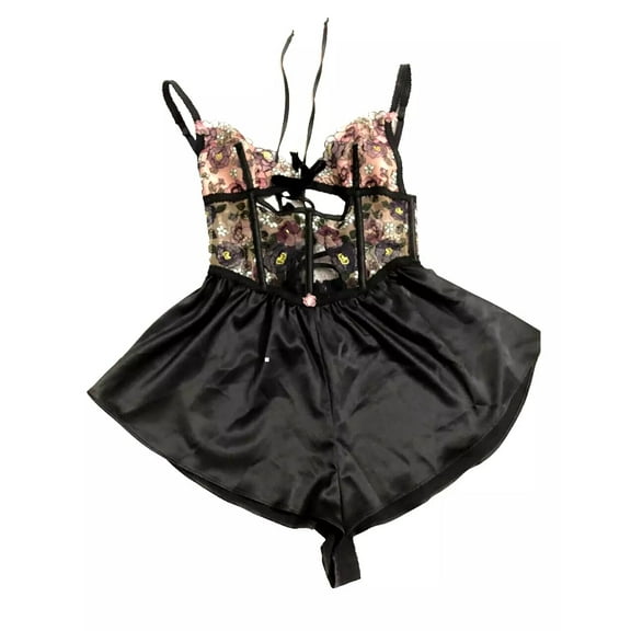 VS for Love & Lemons Black Floral Satin Lace Lingerie Babydoll Nighty Size Small NWT