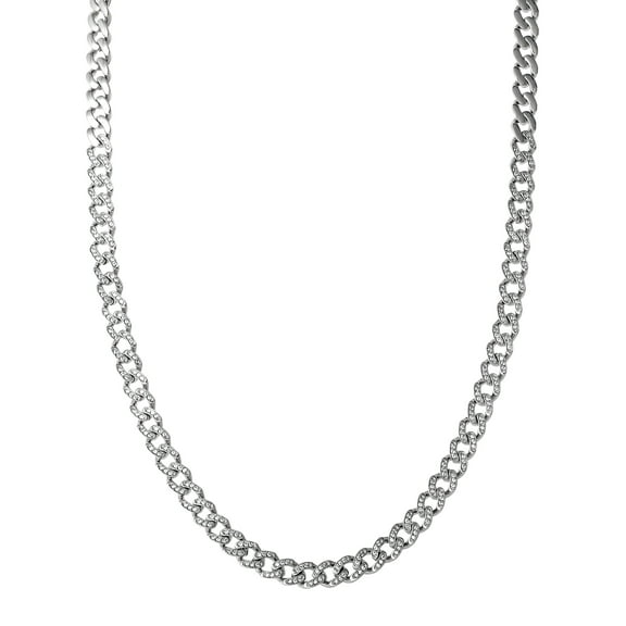 Brilliance Fine Jewelry Men's Stainless Steel Simulated Diamond 7MM Curb Chain Necklace, 22 inches