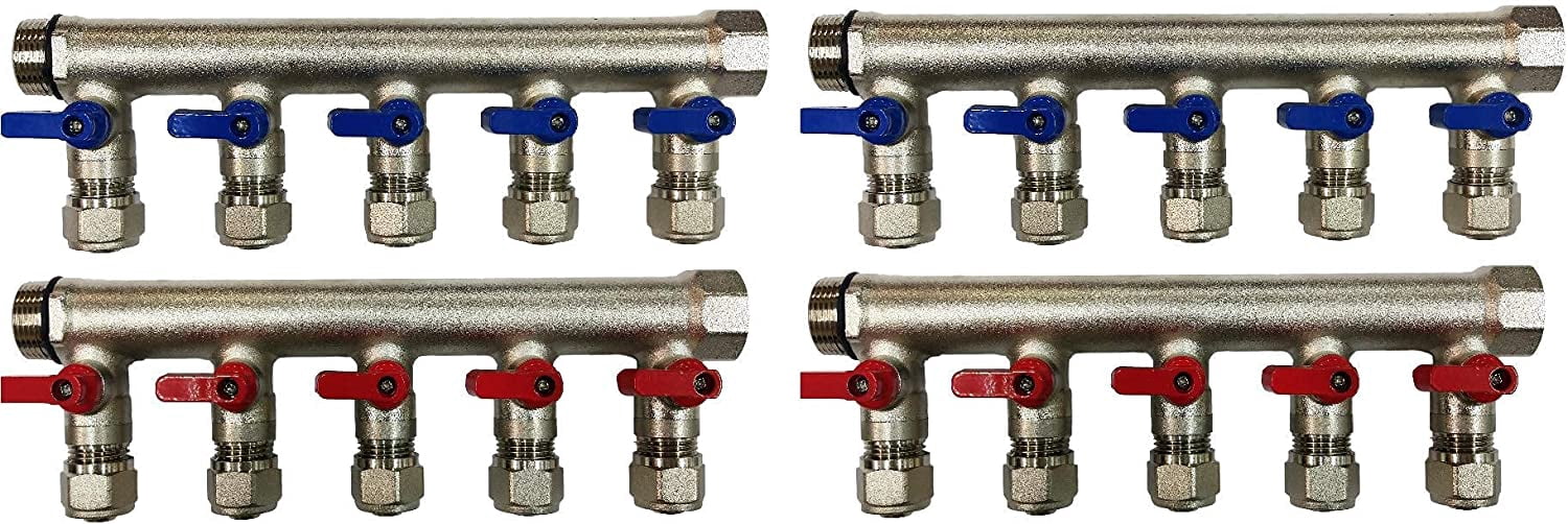 4 Way Water/Air Distribution Manifold - Stainless Steel, 3/4" PT Male & 1/4" PT Female Threads, For Plumbing, Underfloor Heating & Air Flow Systems