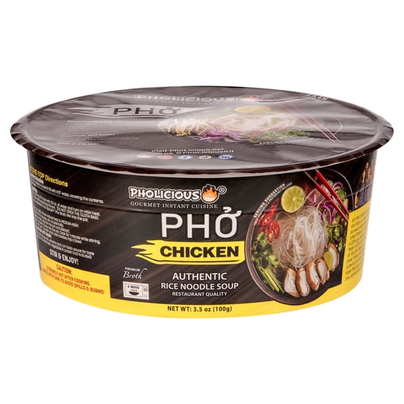 PhoLicious Instant Chicken Pho Bowl, Authentic Vietnamese Rice Noodle Soup, 3.5 oz Single Serve, Restaurant-Quality Chicken Broth, Whole Spices, 4 Minutes, Ramen Alternative, as Seen on Shark Tank