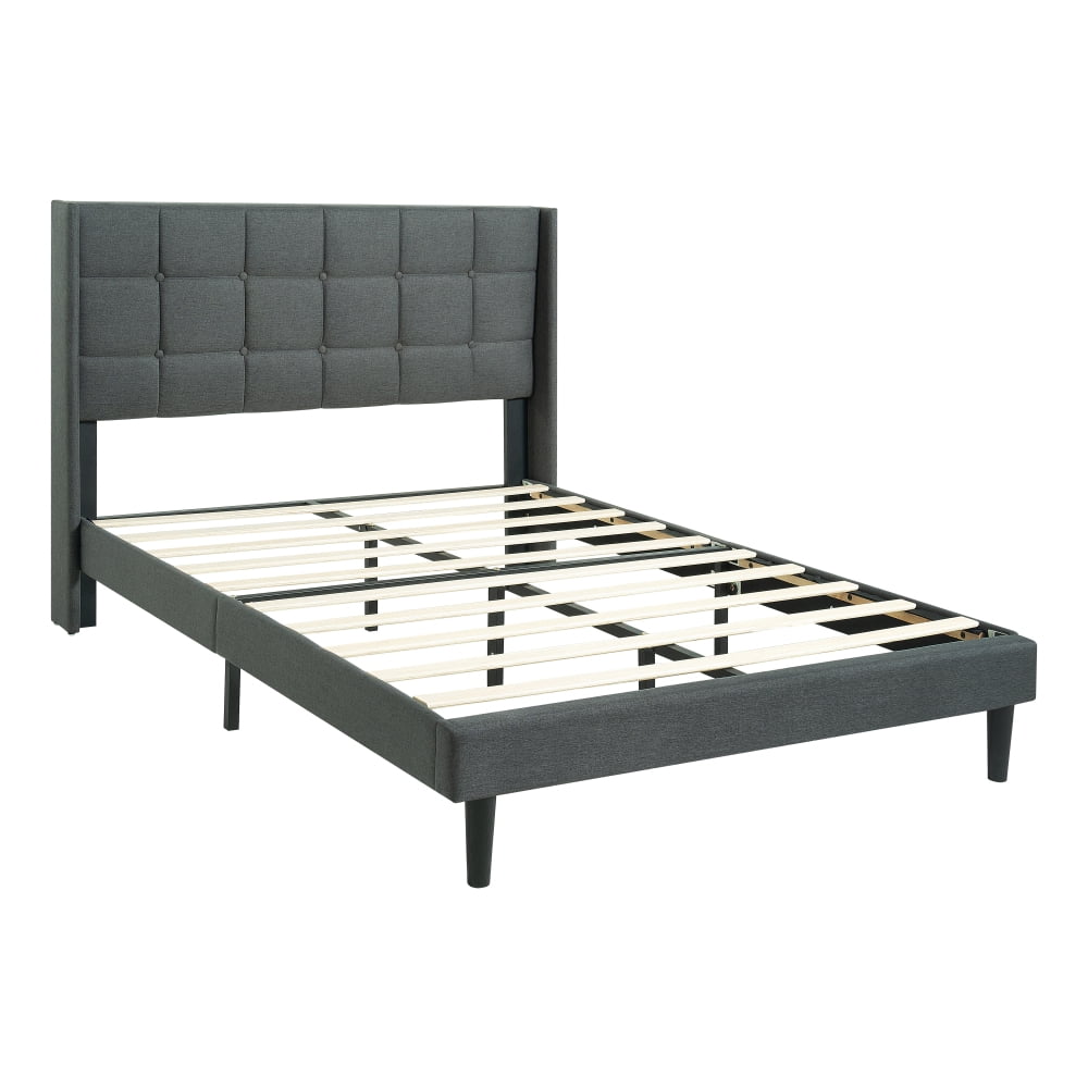 Tcbosik Upholstered Platform Bed Queen Size, Bed Frame with Button Tufted Headboard, Wood Slat Support, No Box Spring Needed (Linen Fabric, Dark Grey)