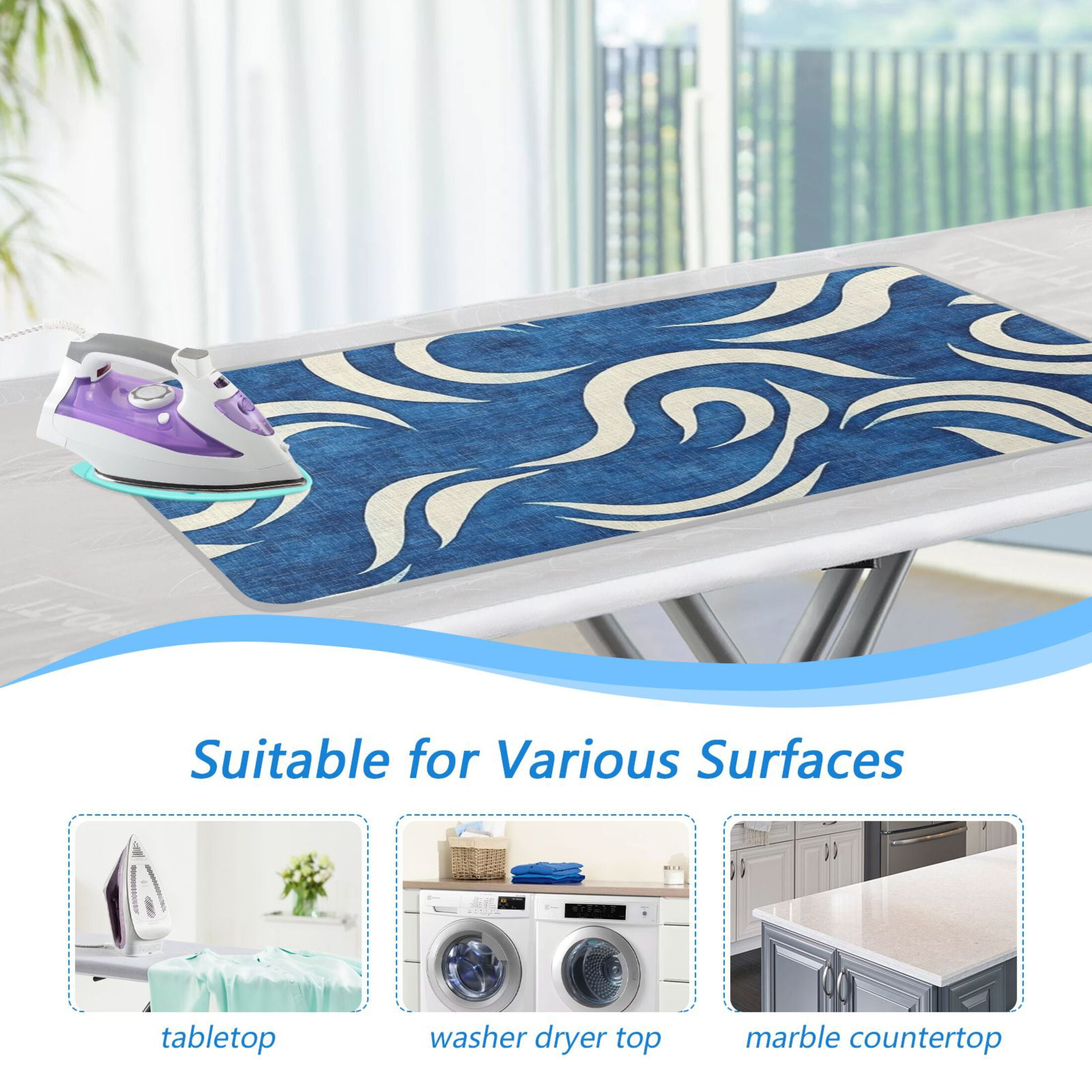 Blue and White Wave Ironing Mat Blanket for Table Top Travel Portable Ironing Board Pad 47.2x27.6 Inch