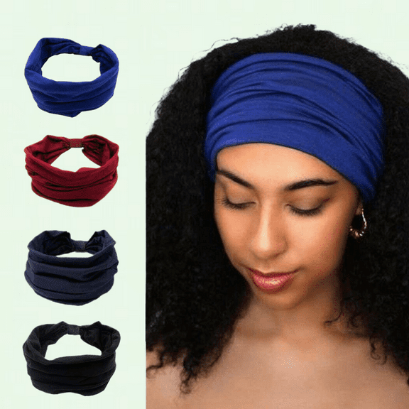 African Headbands Knotted Hairbands Black Yoga Sport Head Wraps Wide Elastic Head Scarf for Women and Girls (Pack of 4)