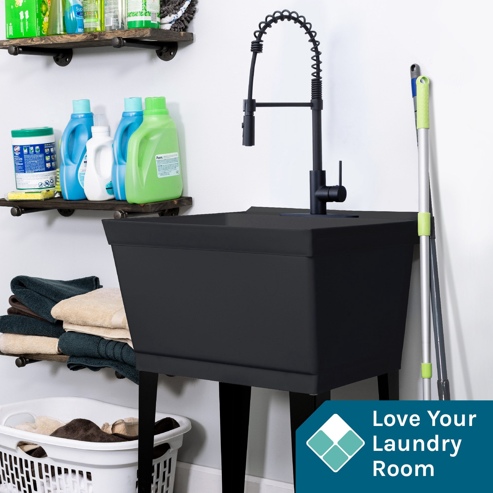 TEHILA Black Freestanding Floor Mount Utility Sink with Black Pull-Down Faucet for Laundry Room