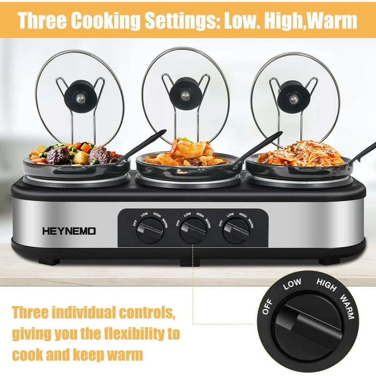 Triple Slow Cooker with Non-Skid Feet, 3脙鈥?.5 QT Slow Cooker Buffet Server,  3 Pots Food Warmer Adjustable Temp Lid Rests Stainless Steel Manual Silver  for Parties Holidays Families 