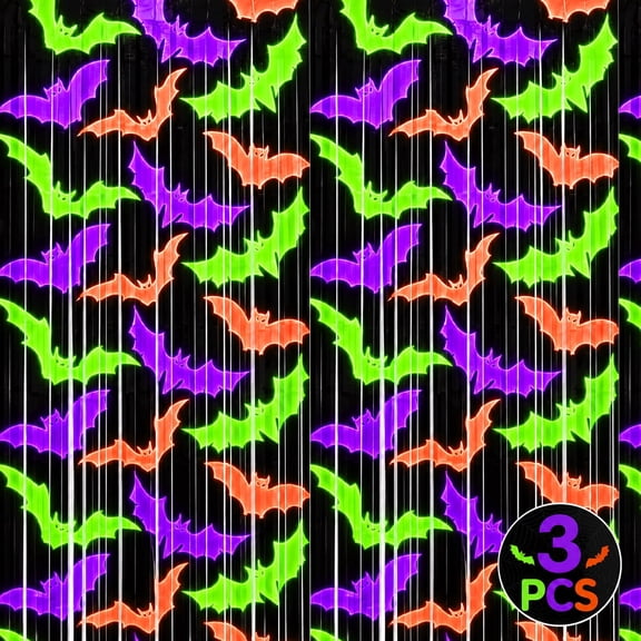 Glow in the Dark Halloween Fringe Backdrop Curtain,Fluorescent Bat Halloween Party Streamers ,Hanging Door Wall Photo Booth Decor,3 Pcs