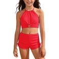 thumbnail image 3 of Shadoumai Girls Tankini Swimsuits 8-10 Ruched Side Bikini Set Spaghetti Strap Tankini Sets 2-Piece Girl Bathing Suit Tropical Printed Beach Swimwear, 3 of 8