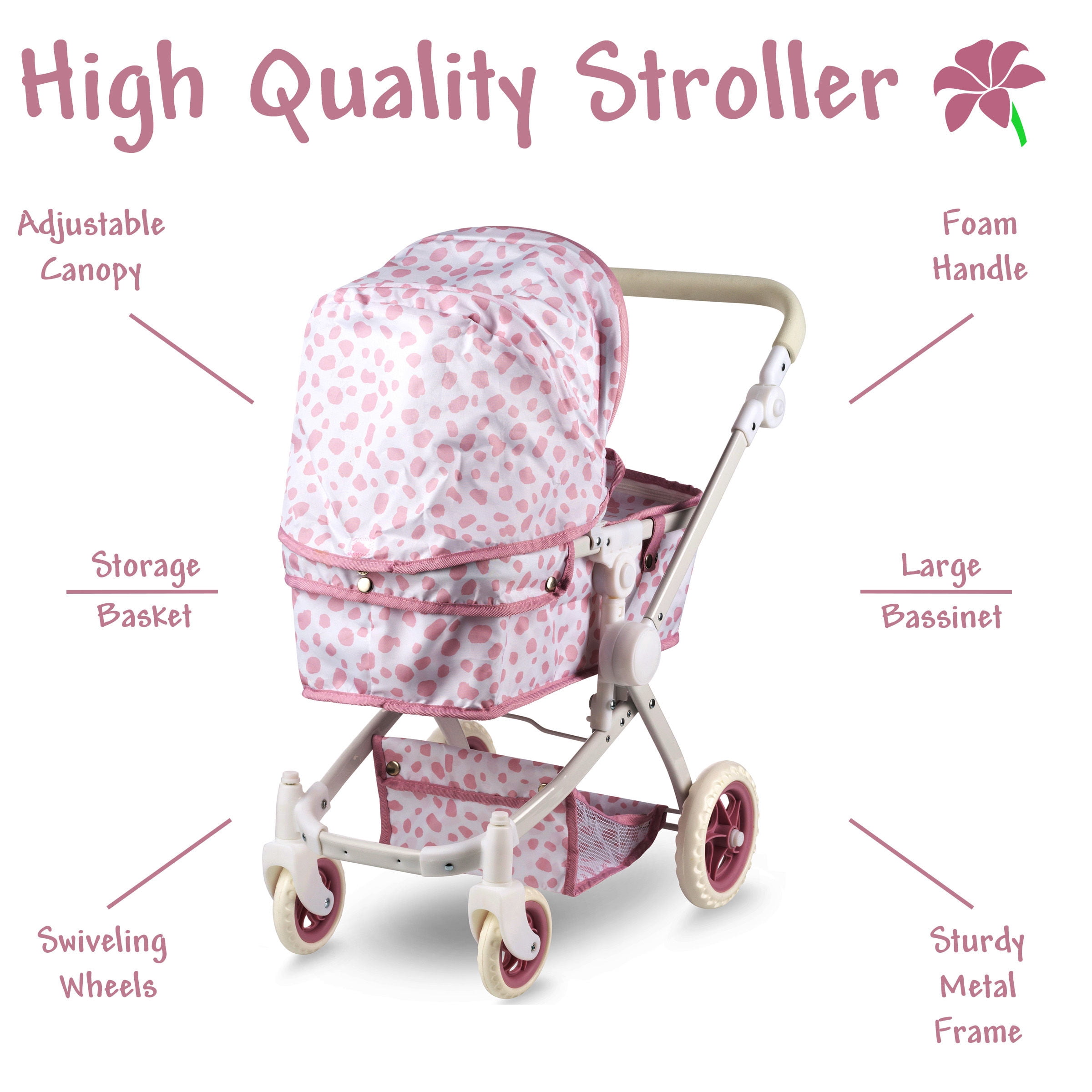 HUSHLILY - Convertible Baby Doll Stroller for Dolls - Bassinet Toy Buggy for Toddlers 3 Years and up, Adjustable Seat & Handle with Storage Basket, Pink Polka Dot Design for Kids
