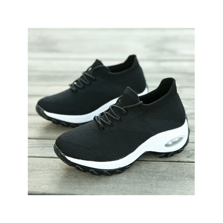 

Daeful Ladies Sock Sneaker Lace Up Sneakers Air Cushion Casual Walking Shoes Sports Round Toe Breathable Non-Slip Comfort Shoe Black and white 5