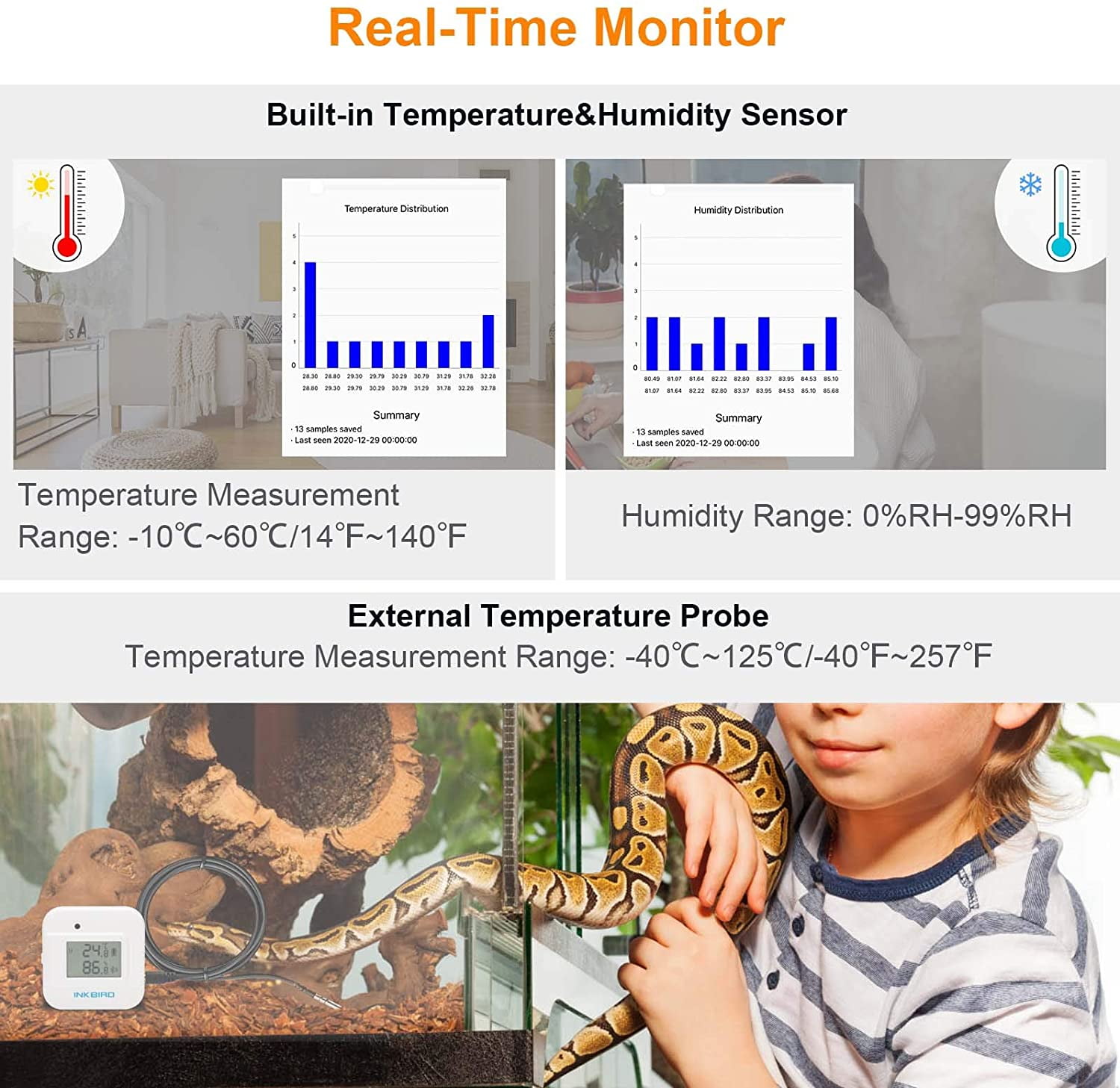 Inkbird Smart Thermometer Temperature and Humidity Monitor, IBS-TH2 Plus Version, Supports External Probe and Display