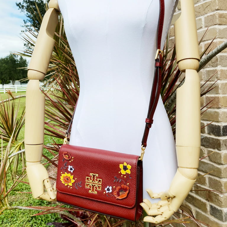 Tory Burch Britten Embellished Combo Crossbody Pebbled Leather Blood Red  Floral