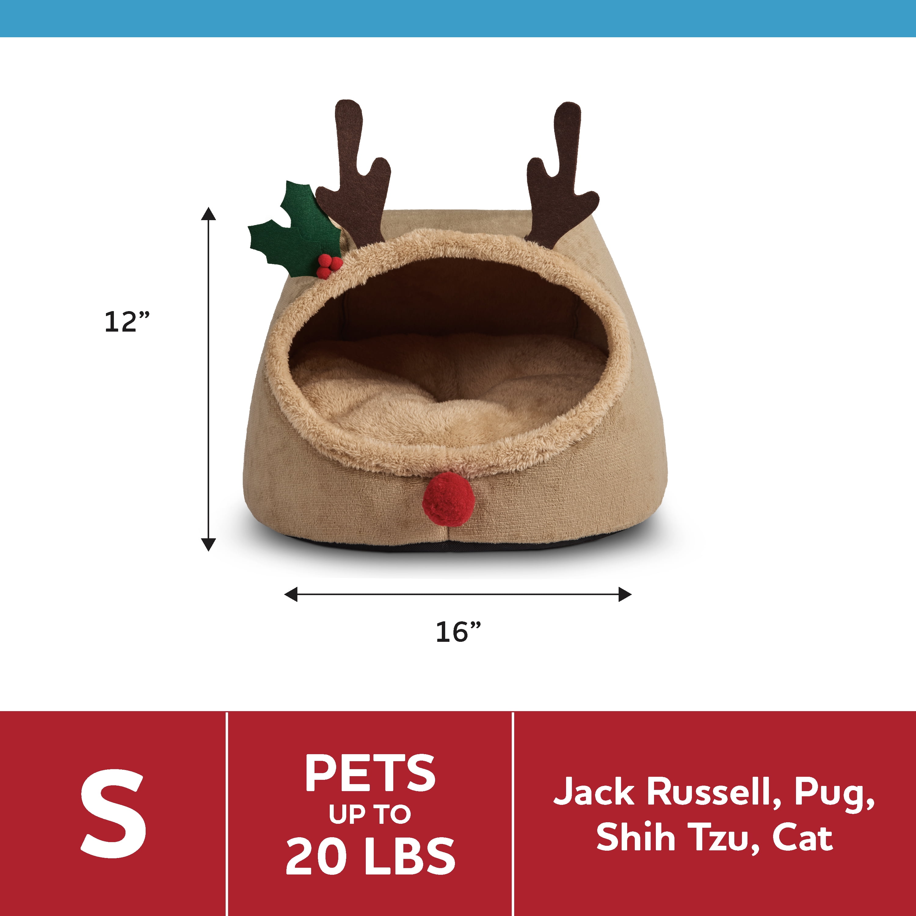 Vibrant Life Small Holiday Hideaway Dog Bed, Cat Bed, Reindeer