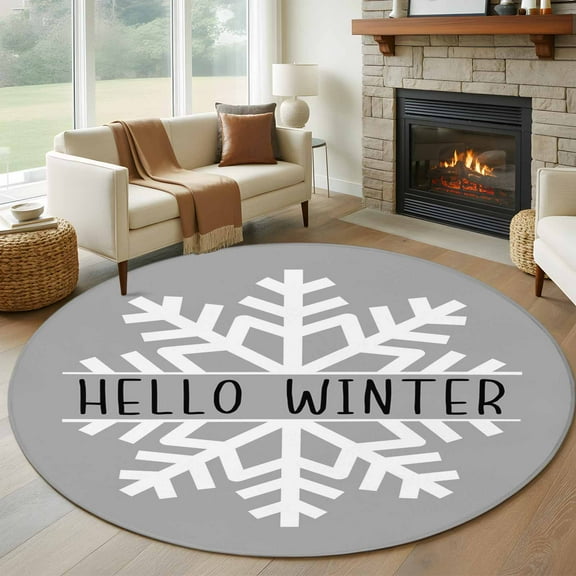 Grey Snowflake Christmas Round Area Rug 5 FT, Non Slip Bedroom Area Rug, Hello Winter Snowflake Washable Soft Circular Carpet Non-Shedding Floor Mat for Kitchen Dining Room Foyer Balcony Dorm