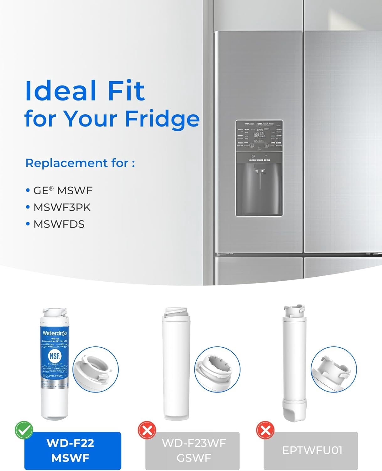 Waterdrop NSF 42 Certified Refrigerator Water Filter, replacement filter for GE® MSWF, 101820A, 101821B, 101821-B, Advanced