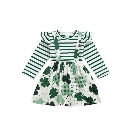 

Xiaoluokaixin Girl’s St. Patrick s Stripe T-shirt+Clover Suspender Skirt Set Cqh