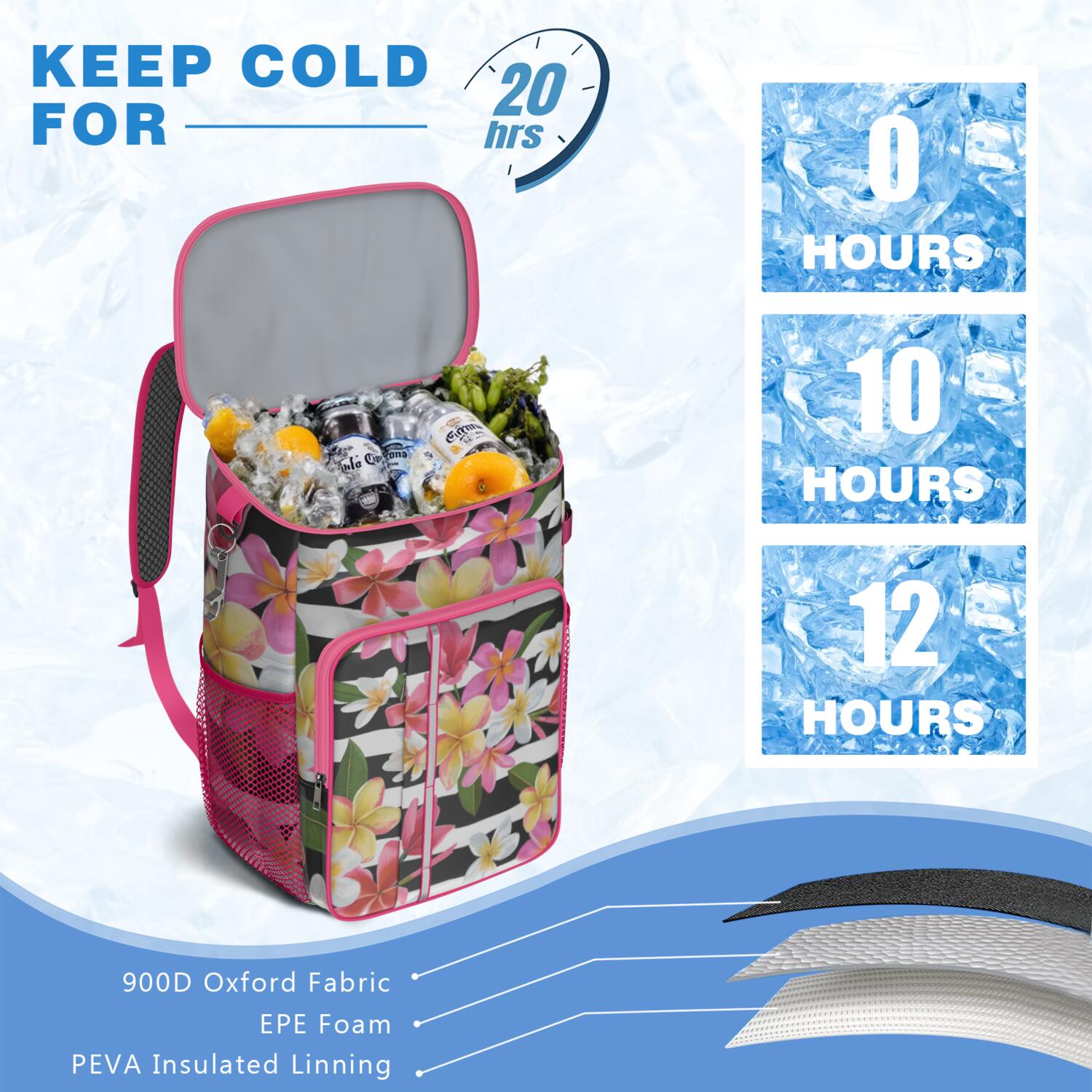 Travel Cooler Bag - Pioneer Flower Floral Print Pattern Camping Beer Cooler Backpack with Bottle Opener- Waterproof Insulated Picnic Backpacks - Cooler Bag for Beach