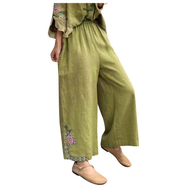 Pantalons Cargo pour Femmes avec Poches Style Brodé Doux Rétro Pantalons Jambes Larges Pantalons Grande Taille Femmes Vert TG