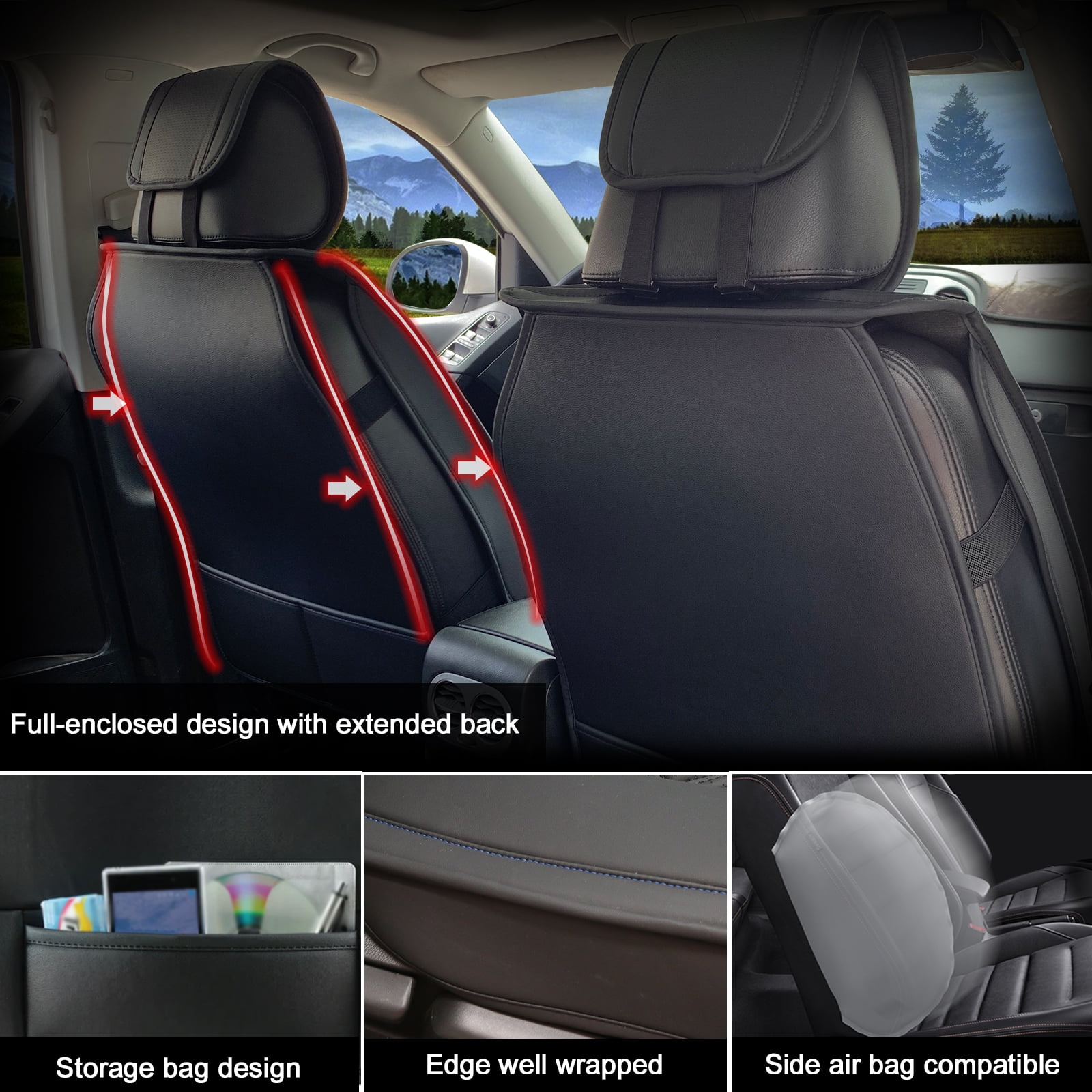 Ikon Motorsports Universal Front Car Seat Covers 02 Style Black + Red Stitching PU Leather First Row Auto Seat Cover Cushion Protectors Set