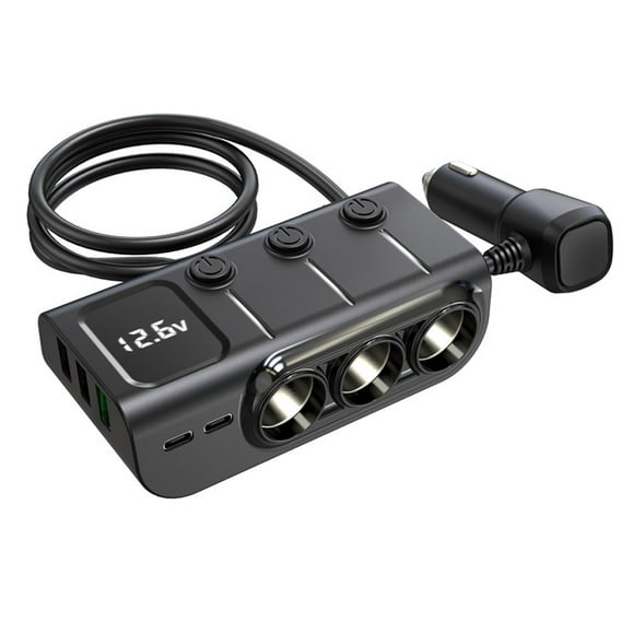 3 Socket Cigarette Lighter Adapter 3 USB+2 Type C Port Quick Car Charger Splitter with LED Voltage Display and on/off Switch for iPhone Samsung