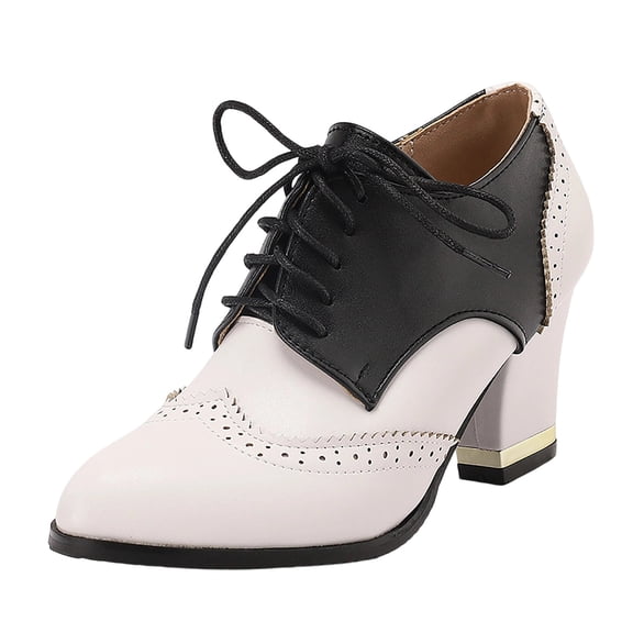 QQAMB Womens PU Shoes Chunky High Heels Lace Up Wingtip Perforated Saddle Pumps Shoes