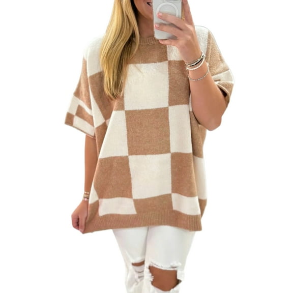 Women's Light French Beige Checkered Pattern Loose Drop Shoulder Half Sleeve Sweater | L