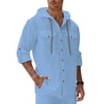 thumbnail image 2 of APEXFWDT Men's Long Sleeve Hooded Shirt Button Down Roll Up Sleeve Casual Shirt Cotton Linen Top with Pockets,L,Light Blue, 2 of 8