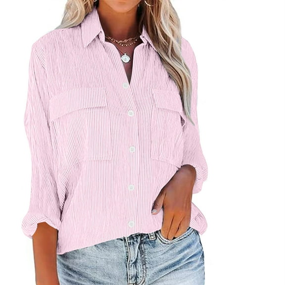 absuyy Women' Button Up Shirt Striped Long Sleeve Turn Down Shirt Loose Blouses Pink Work Tops Size M