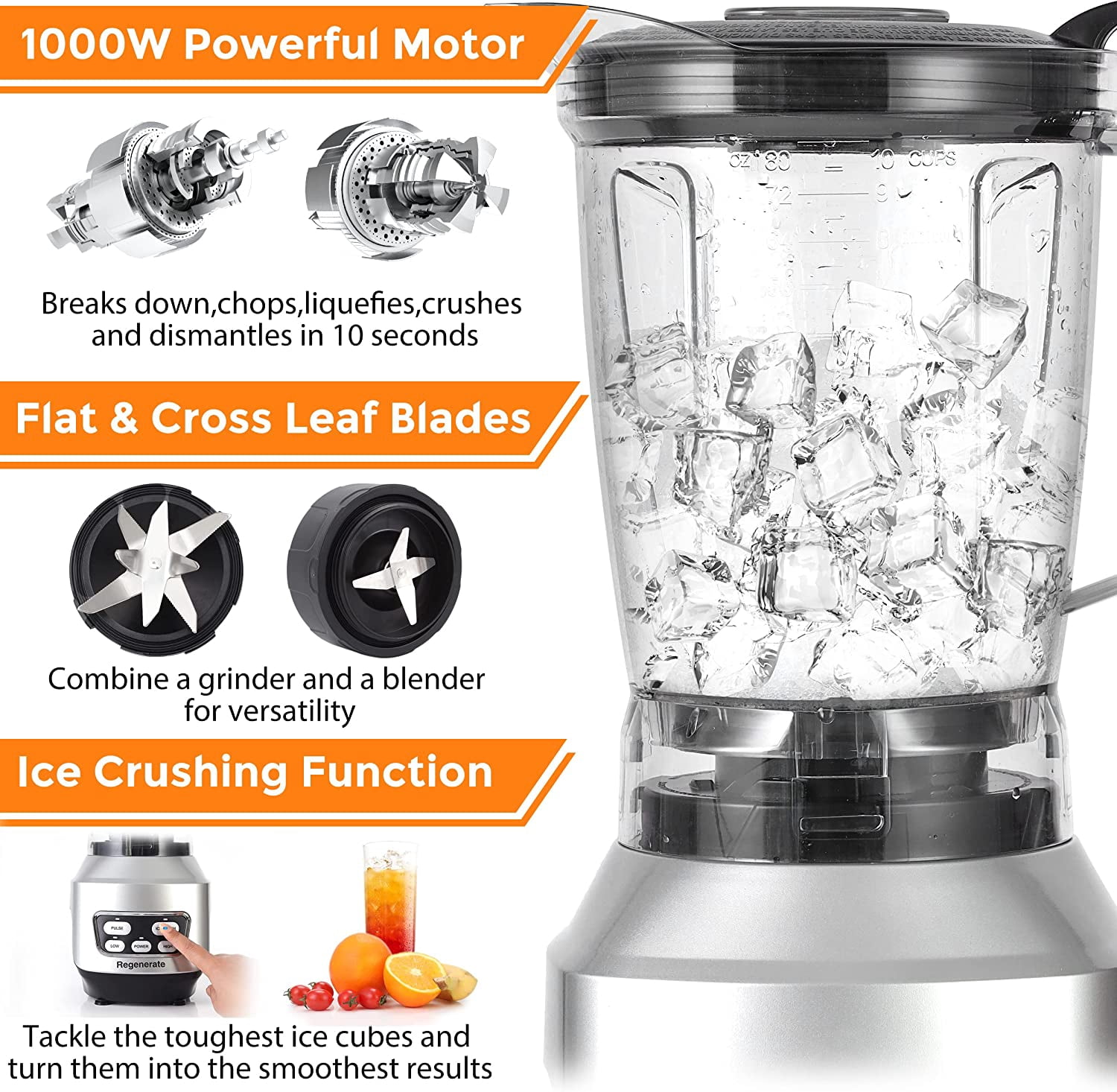 Countertop Blender for Kitchen, 1200W Powerful Smoothie Blender with 1.5L Glass Jar and Portable Travel Cup, 6-Blade System for Ice Crushing, Shakes & Smoothies, 21,000 RPM, Silver