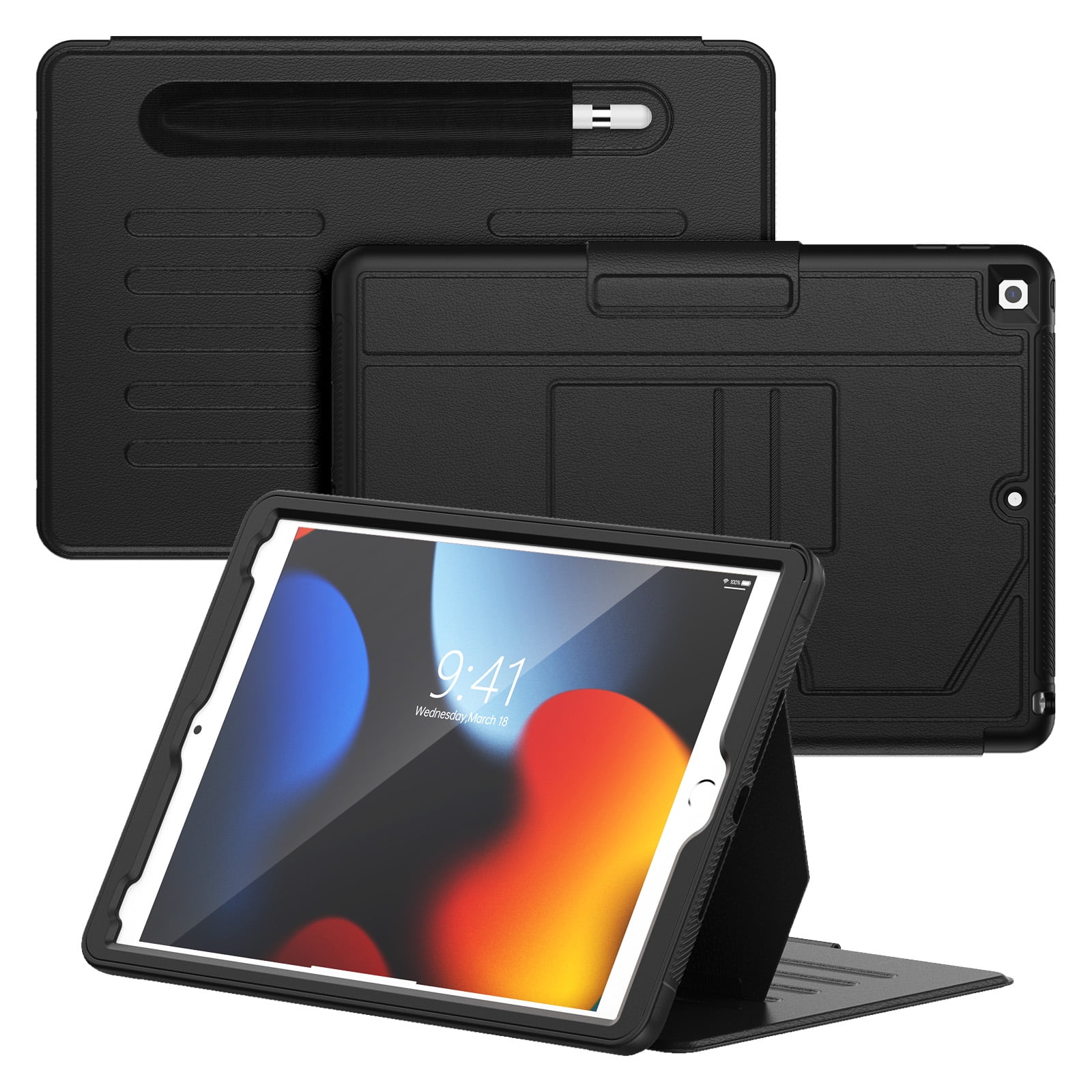 Business-Style Case for Apple iPad 9th/8th/7th Generation (2021/2020/2019) 10.2", PU Leather Protective Folio Heavy-Duty Case with Magnetic Stand /Pencil Holder /Auto Sleep Wake Function, Black