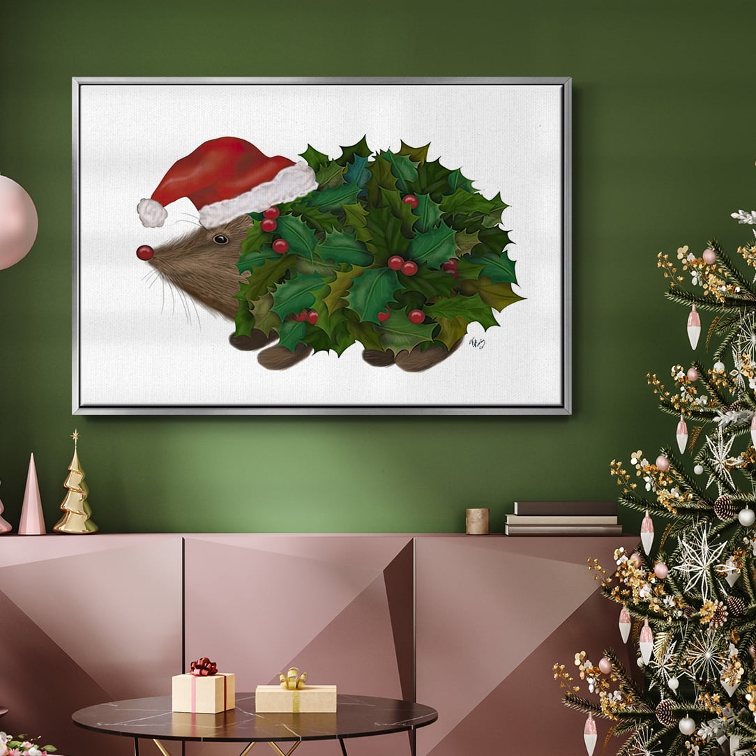Christmas Holly Hedgehog - Framed Gallery Wrapped Holiday Canvas - 17 x 25 - Silver Frame