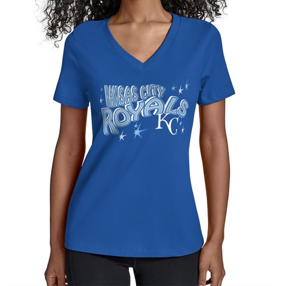 Women's Starter Royal Kansas City Royals Fireworks Team Name V-Neck T-Shirt