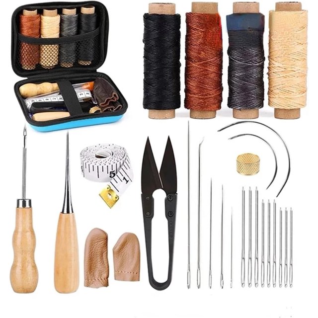 28 piezas/juego Kit de costura de cuero Aguja de coser de ojo grande Hilo encerado Herramientas de costura de cuero hechas a mano para herramientas de artesanía de cuero de bricolaje