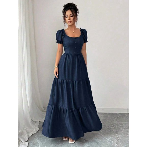 Womens Blue Square Neckline Maxi Dress With Puff Sleeves And Tiered Ruffle